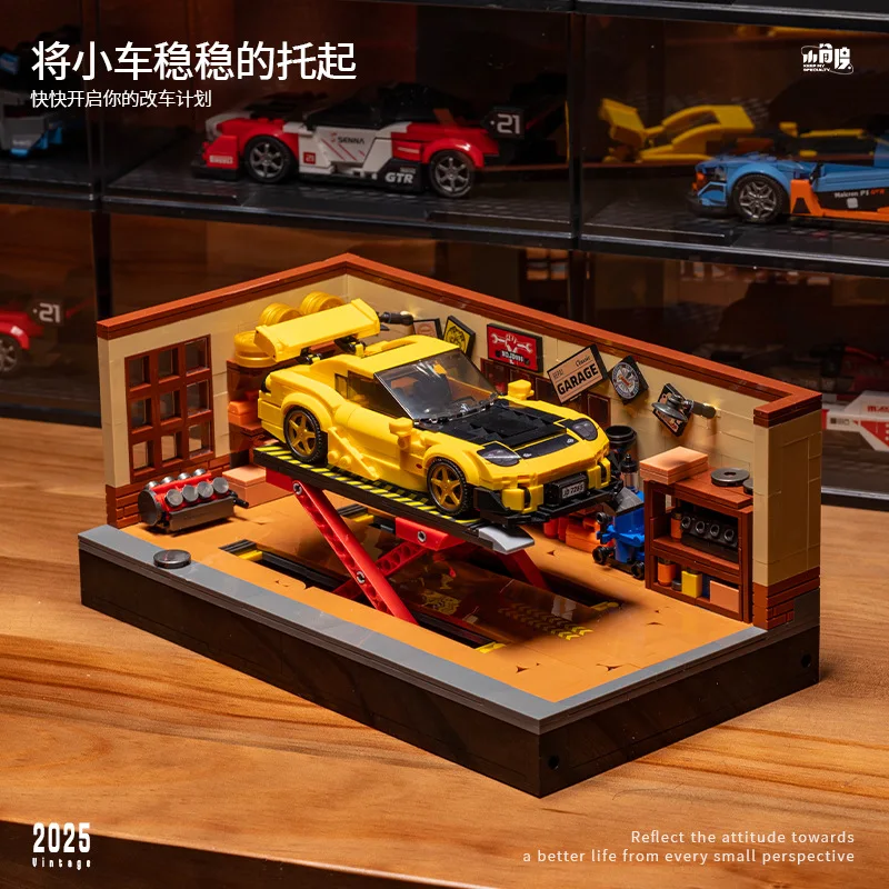 مكعبات بناء جراج ركن السيارة مع منصة رفع ذات سرعة مناسبة   سلسلة السيارات الحلي تجميع المشهد لعبة مجسمة هدية #3