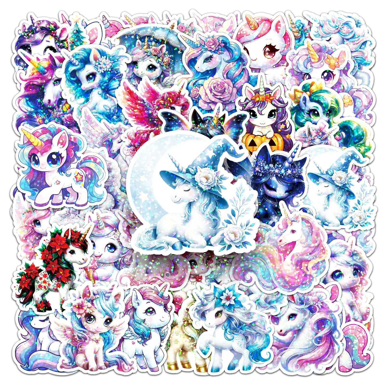 10/30/50PCS Flash Film Laser Rainbow Horse Unicorn Cartoon Animal Stickers for Water Cup Phone Computer Notebook Stationery