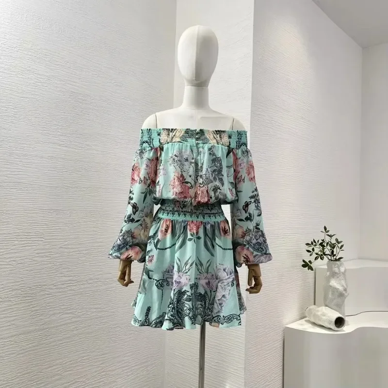 Women's Blue Mini Dress with Flowers and Butterfly Print Off the Shoulder Diamonds Long Sleeve Stretchable Waist at Back 2024