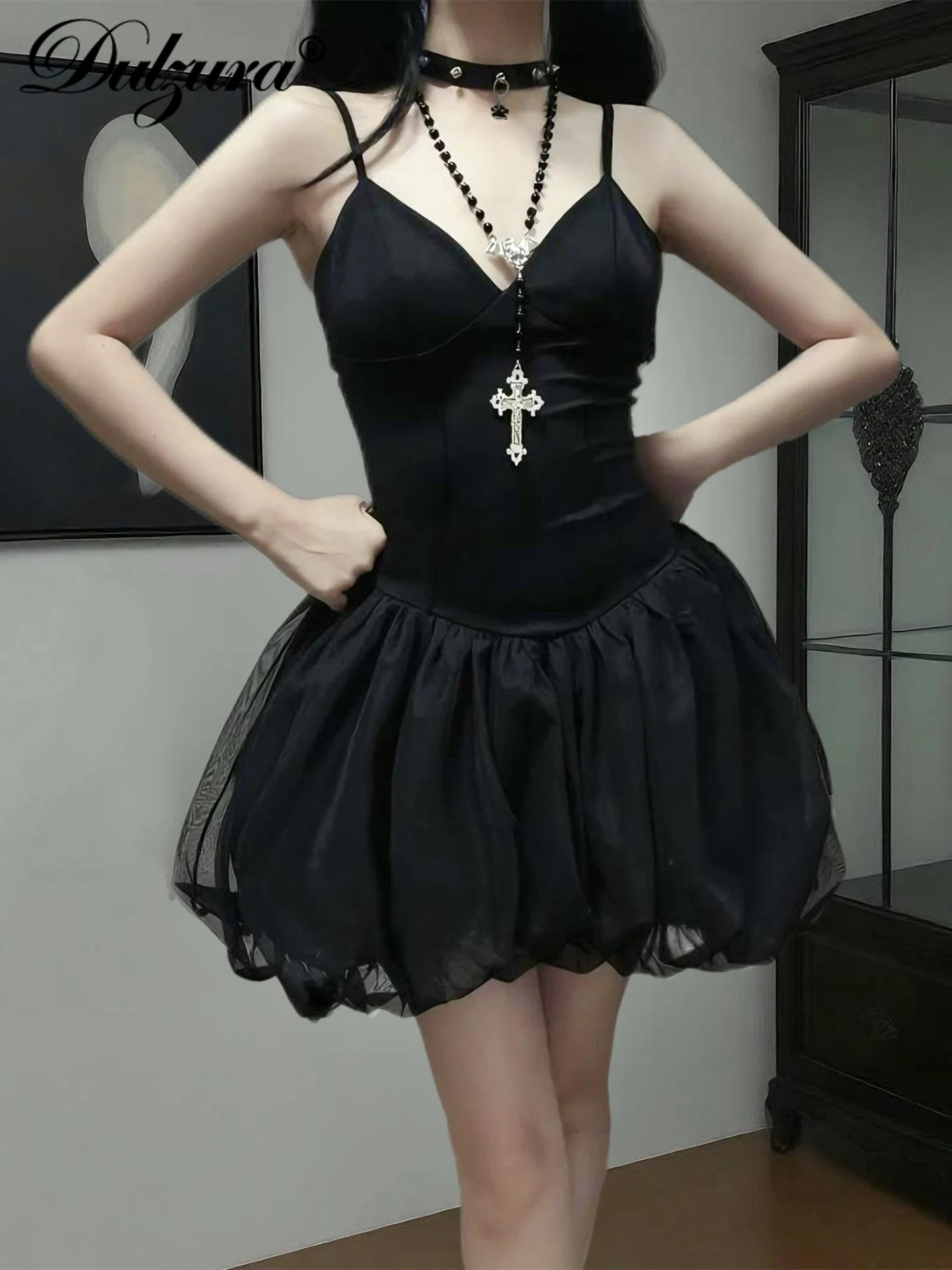 Dulzura verão sólido sexy elegante com decote em v sem mangas sem costas magro preto cisne malha vestido de princesa festa à noite clube roupas de baile