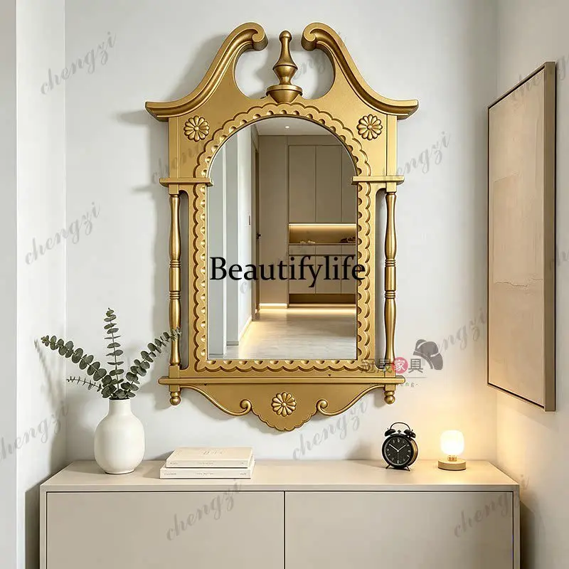 French retro bedroom makeup mirror wall-mounted bathroom carved bathroom mirror European living room luxury decorative mirror
