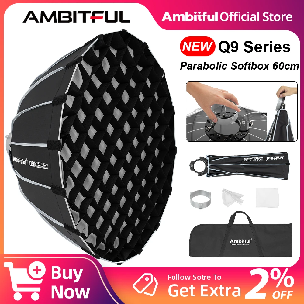 

AMBITFUL Q9 Series 60cm Parabolic Bowens Mount Softbox Deep Mouth Quickly Set-up 16 Umbrela Rods Matt Box For Flash LED Light