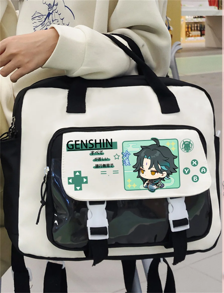 3 vie Anime Genshin Impact badge borsa a tracolla zaino borsa Computer Black Messenger Cartoon Zipper Crossbody Bag