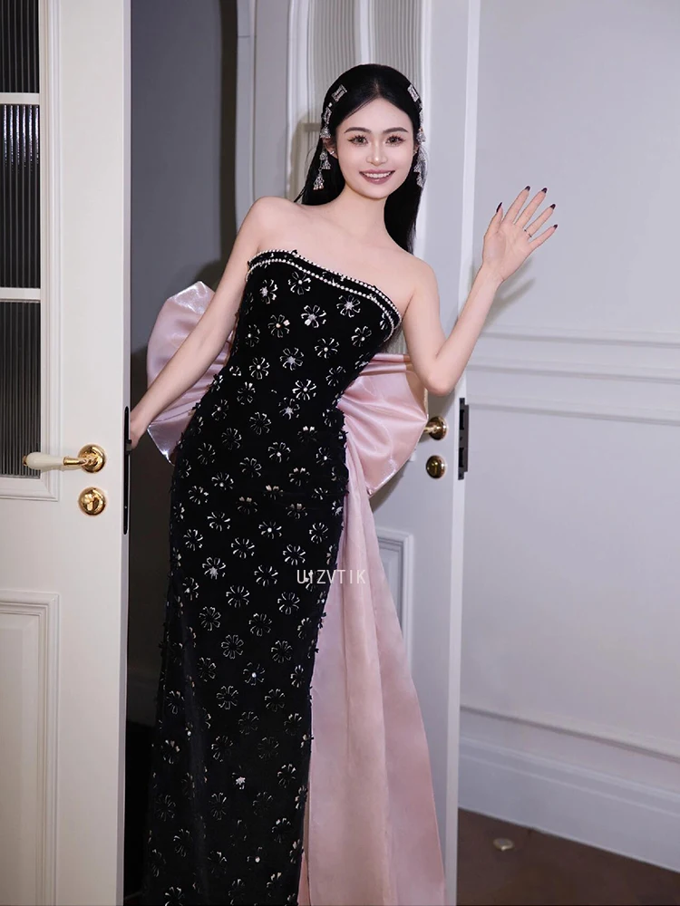 فستان سهرة طويل للنساء أسود بأكمام قابلة للانفصال حورية البحر ثوب مسائي فاخر بفيونكة كبيرة طول الأرض لؤلؤ فساتين لحضور الحفلات الموسيقية