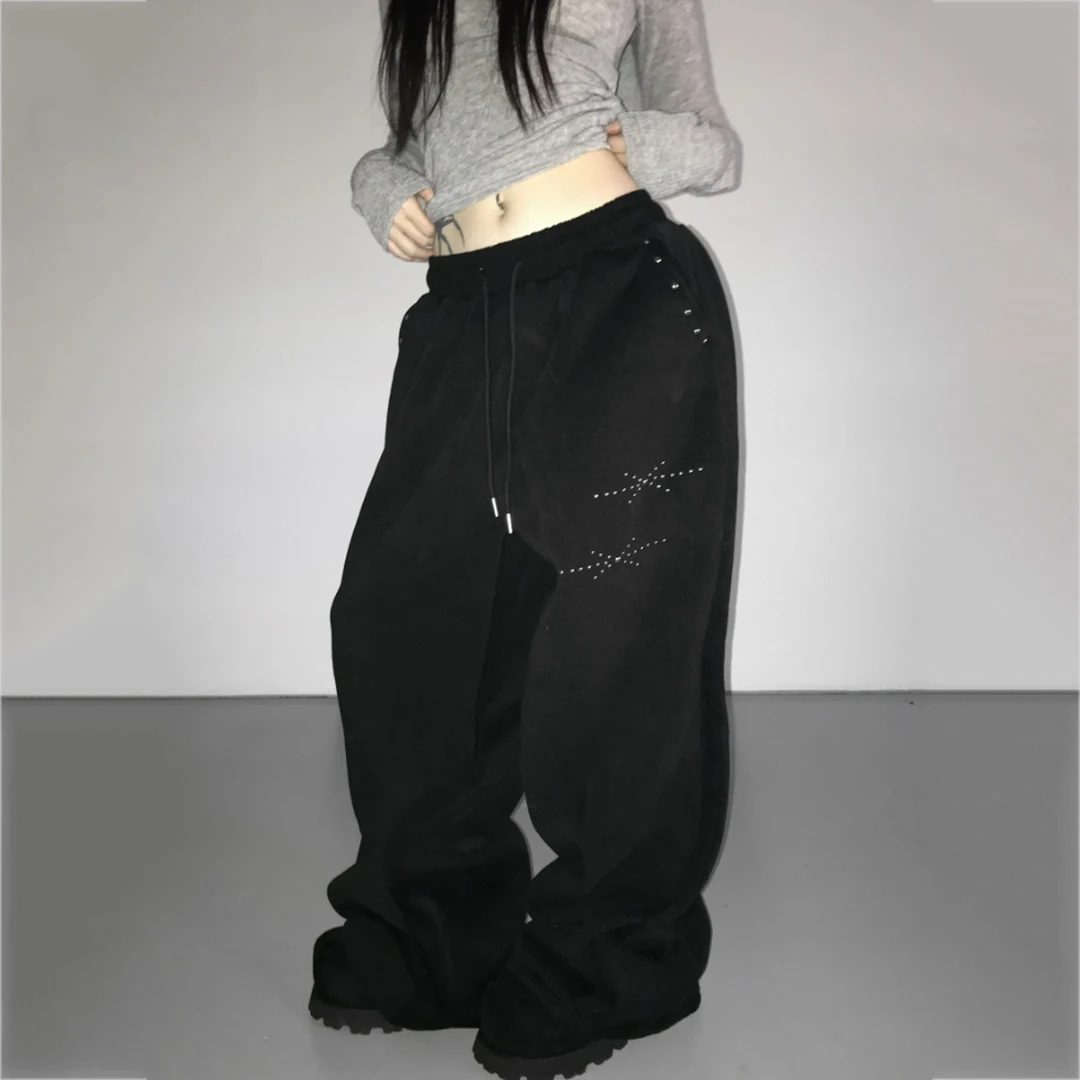 

Women's Summer Rhinestone Star Wide Leg Pants - Elastic Waist Drawstring Casual Streetwear Trousers