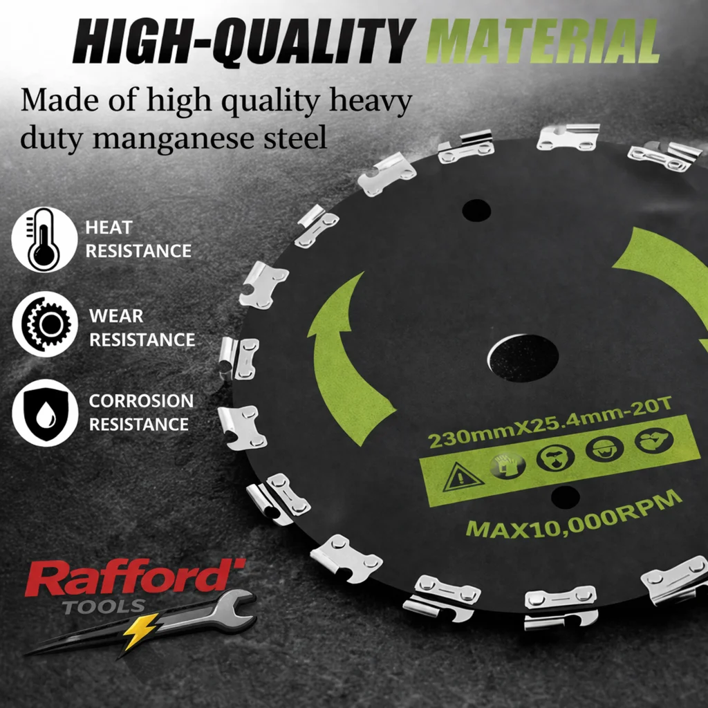 

Rafford 9-Inch 20-Tooth Brush Cutter Blade — Chainsaw-Style Trimming Blade (For Weed Trimmers) — 1-Pack / 2-Pack