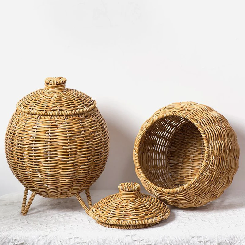 Imitation Rattan Baskets With Lid Handwoven Flower Pot Planter Sundry Wicker Storage Boxes Home Organizer Plastic Box