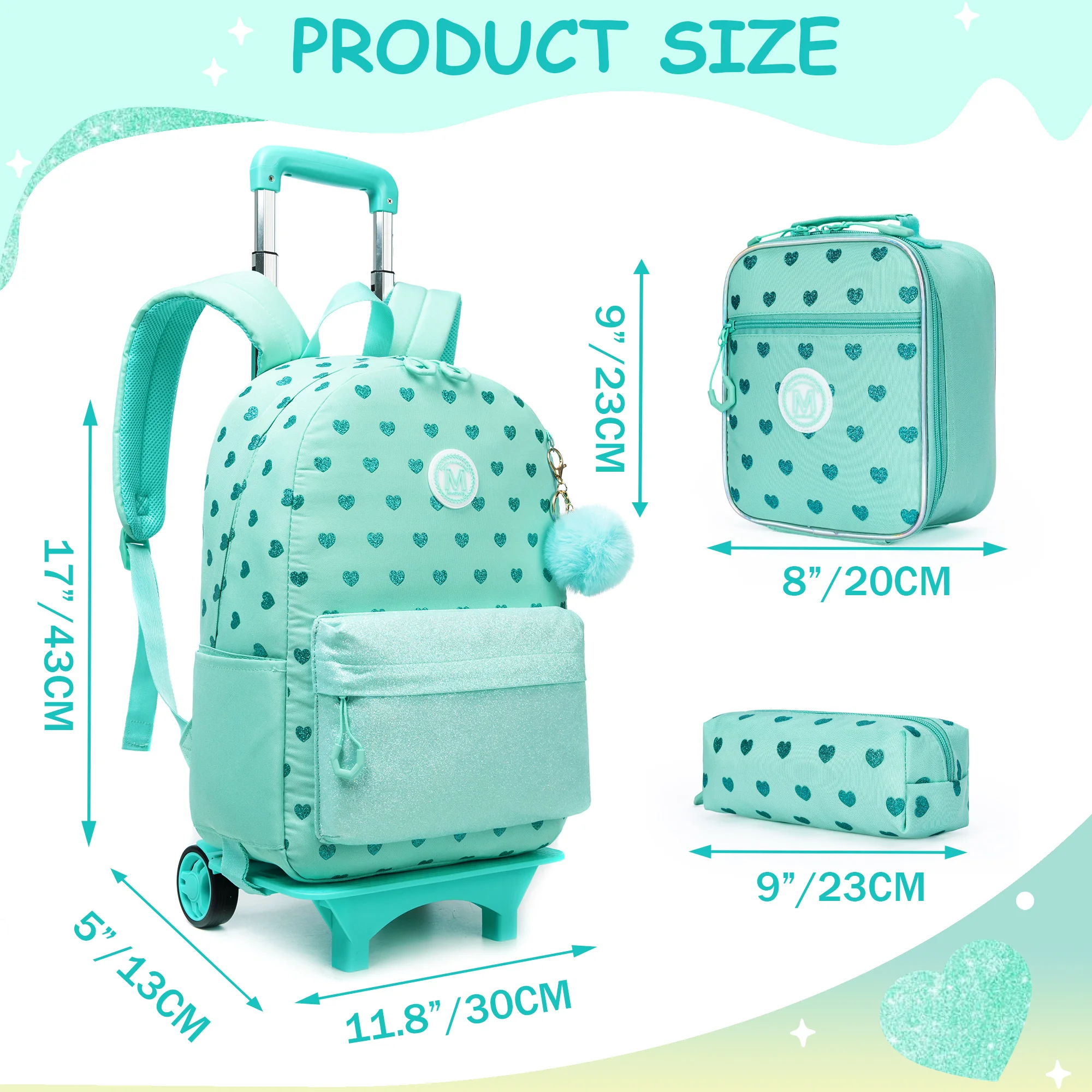 3PCS Cute Love Rolling Backpak For Girls Ribbon Bow Girls Trolley  Backpack For Primary School Backpack With Lunch Bag And Pen B