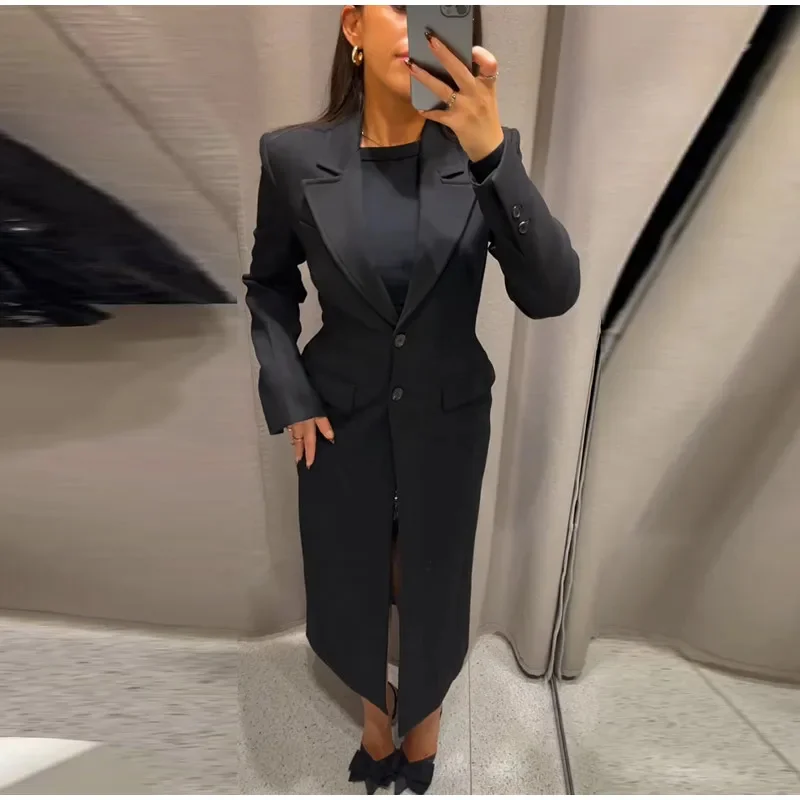 Elegant Long Blazer Coat Women Single Breasted Black Slim Long Sleeve Shoulder Pad Thicken Suit Jacket Lady 2025 Spring Outwear