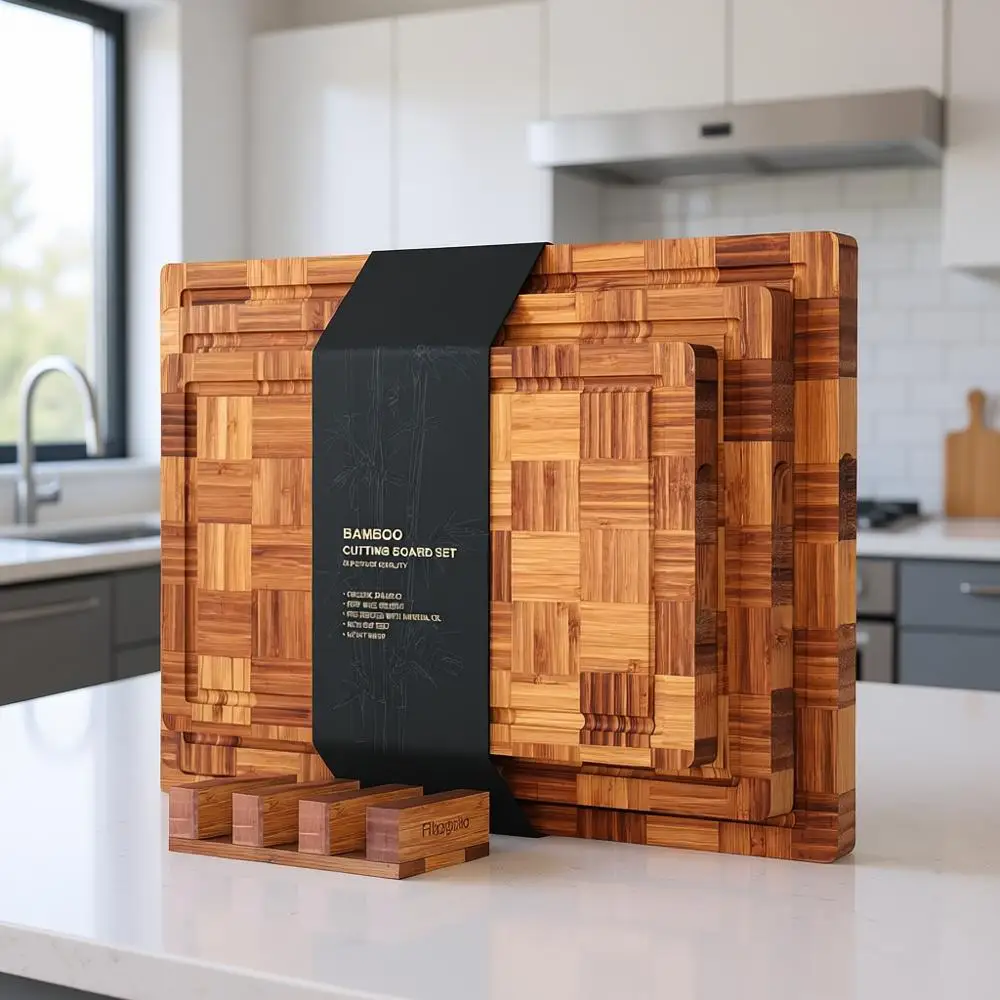

Triple Set Bamboo Chopping Boards with Juice Groove, End Grain Serving Board, and Butcher Block for Meat, Vegetables, and Fruit