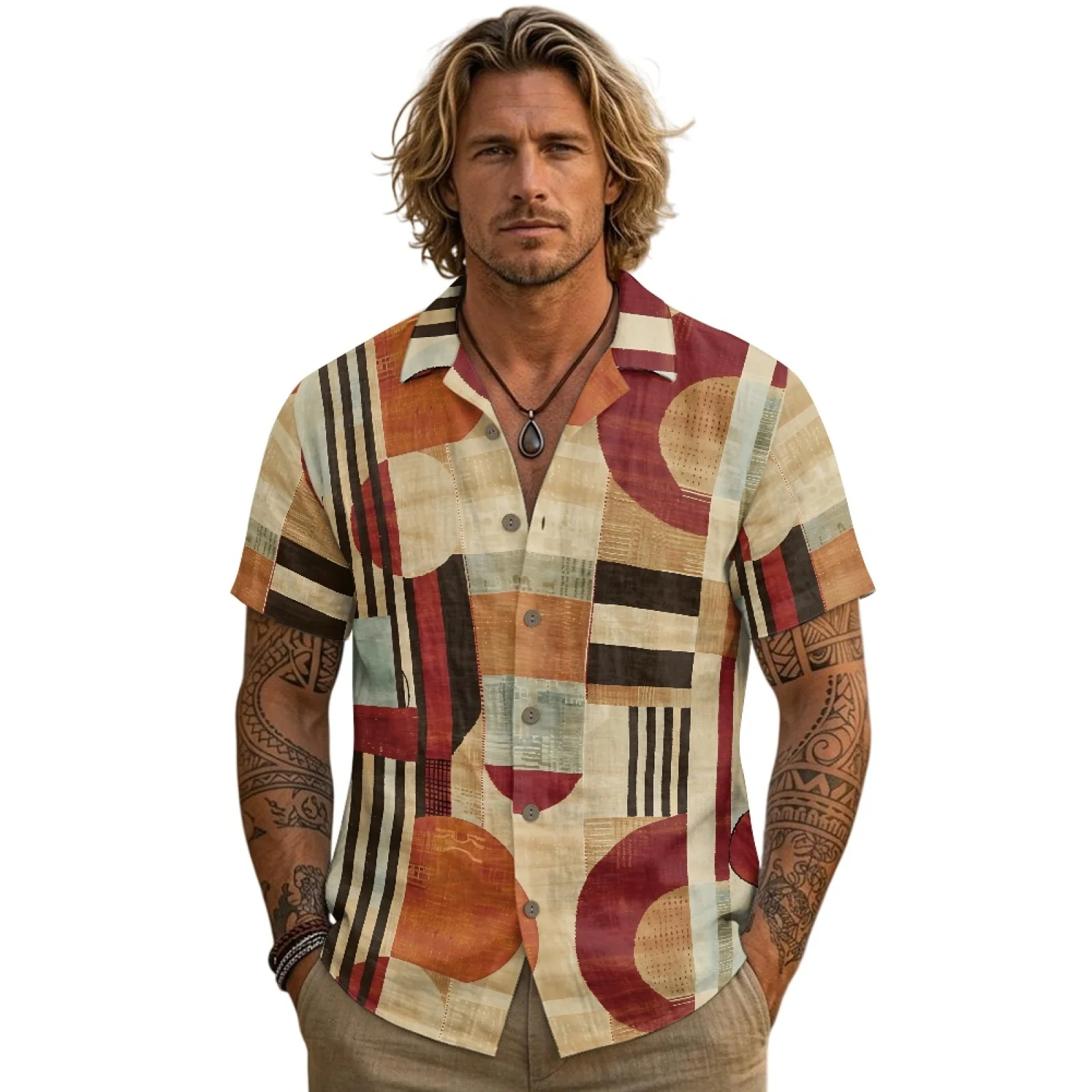 PENSTROLL Breathable Linen Style Mens Button Down Shirt Quick Drying Short-Sleeve Hawaiian Shirt for Travel Geometric Patchwork