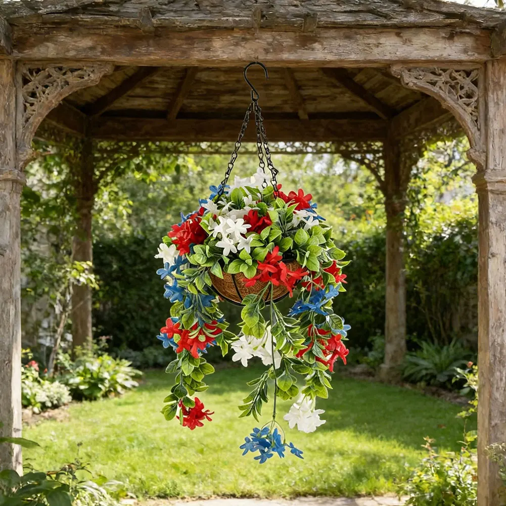 Red White Blue Artificial Flower Basket for Spring Home Decor Designed for Indoor Outdoor Use on Doors Walls or Garden Areas