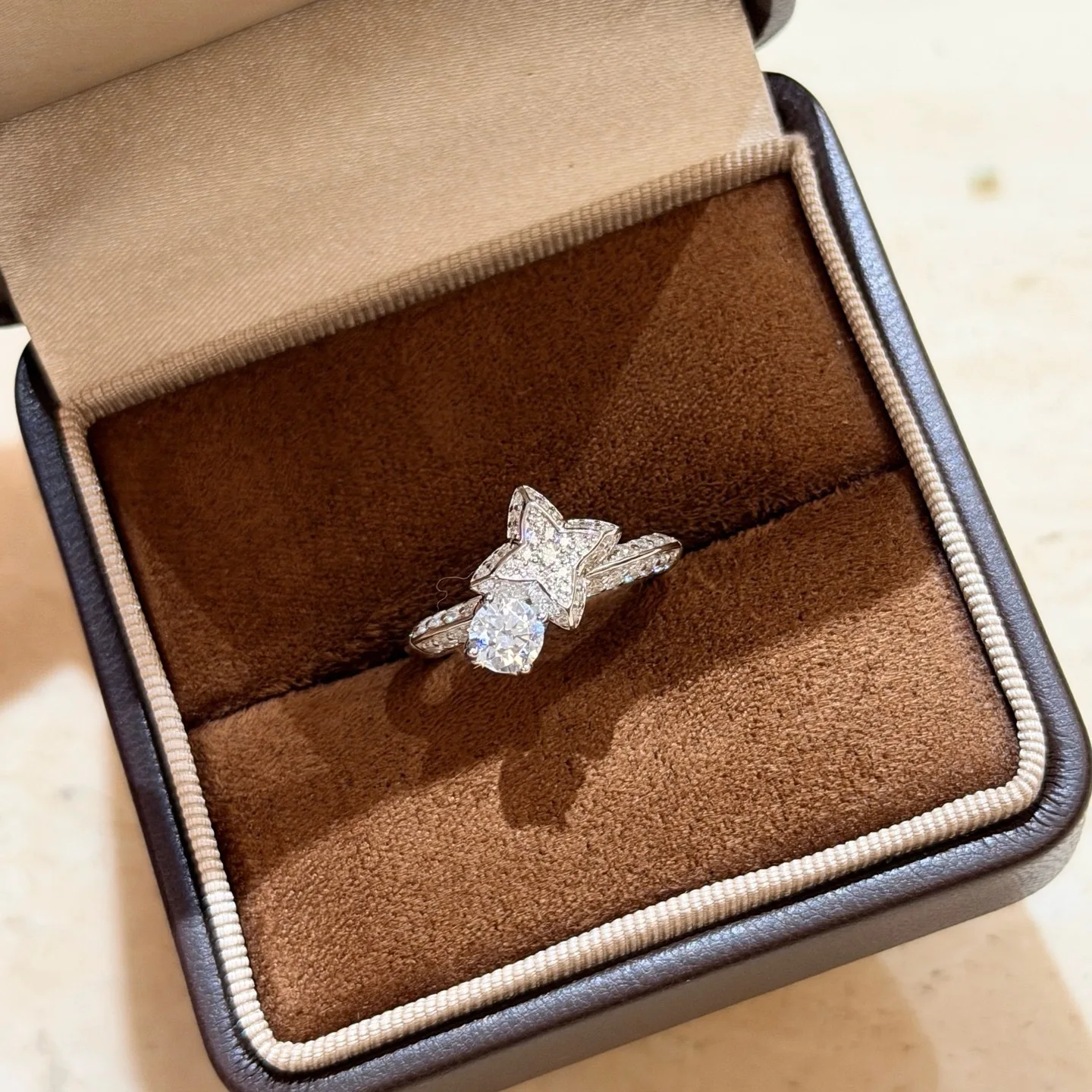 Trendy Real 925 Sterling Silver Open Ring For Women Four Point Star Round Solitaire Anniversary Gift Luxury Fine Jewelry