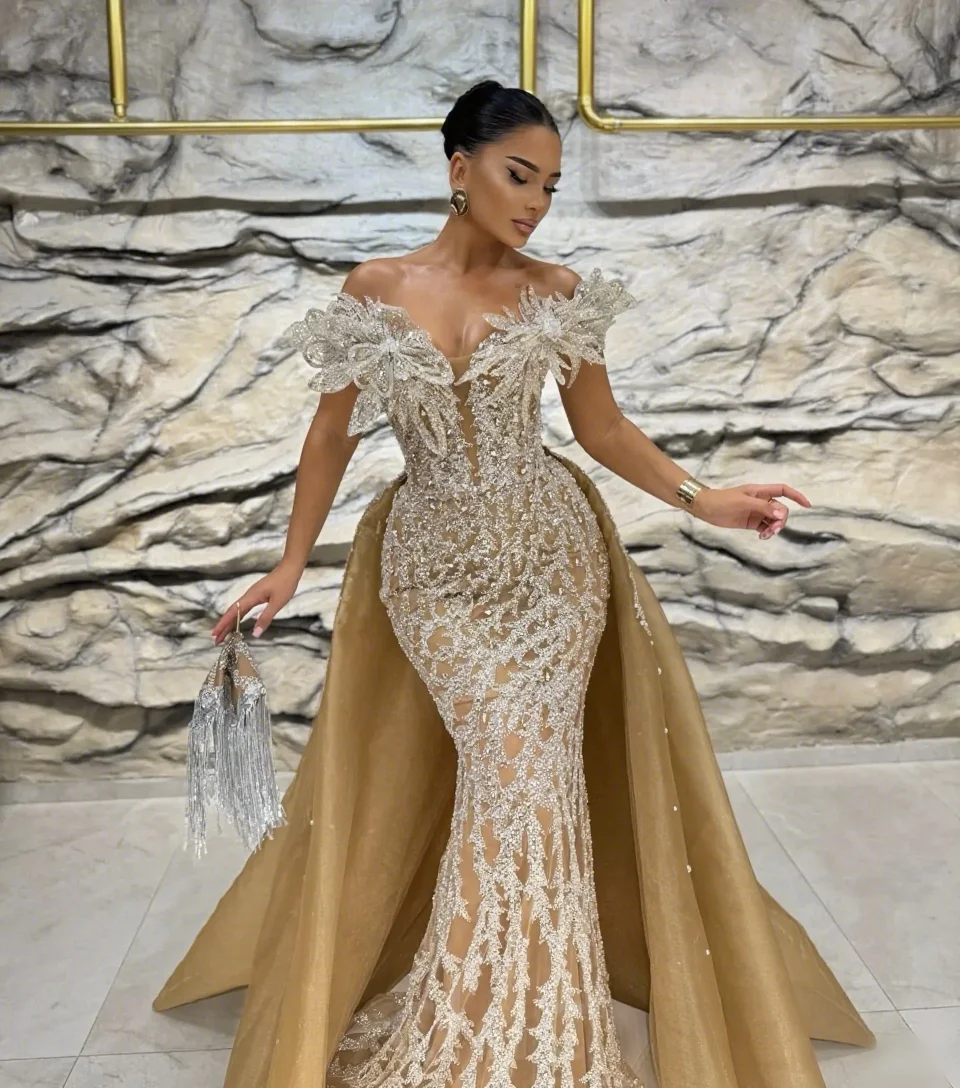 

Gold Illusion Mermaid Prom Dresses Flowers Rhinestones Lace Evening Formal Party Birthday Gowns Dress Customized