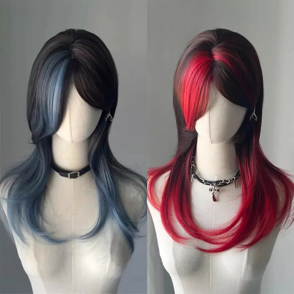 Red and blue CP bangs highlight mullet head in the middle of the long straight hair gradientDaily Role Play Heat Resistant