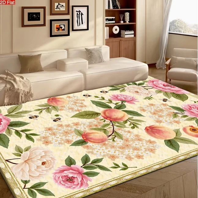 Vintage Peachy Peony Fruit Art Carpet Flooring Decorative Area Rug for Living Room Bedroom Home Decoration