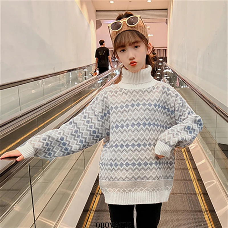 Kids Long Geometry Turtleneck Sweater For Girl From 5 7 9 10 to 12 14 Years Old Child Rhombus Knitwear Spring Knitted Clothes