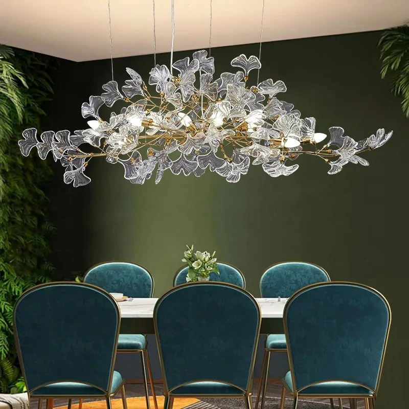 Glass Ginkgo Leaf Chandeliers with Gold Branch Shaped Frame for Dining Room Bedroom Leaf Ceiling Pendant Lights for Living Room