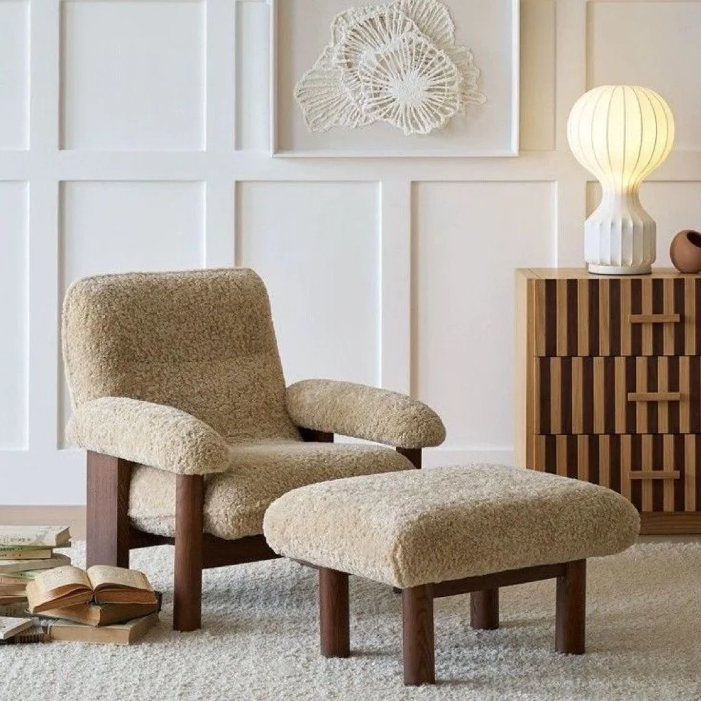 

Nordic simple solid wood single sofa chair living room balcony leisure chair medieval model room fabric single chair negotiation