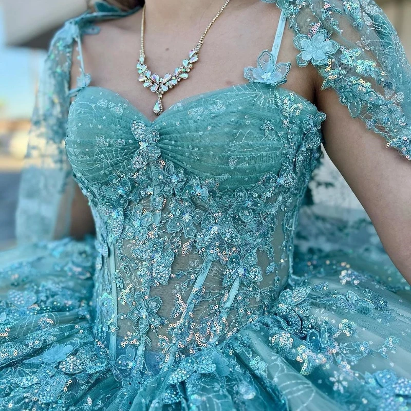 Aqua Blue Shiny Quinceanera Dress Ball Gown 3D Floral Lace Applique Beaded Ruffles With Cape Sweet 16 Vestido 15 De Años