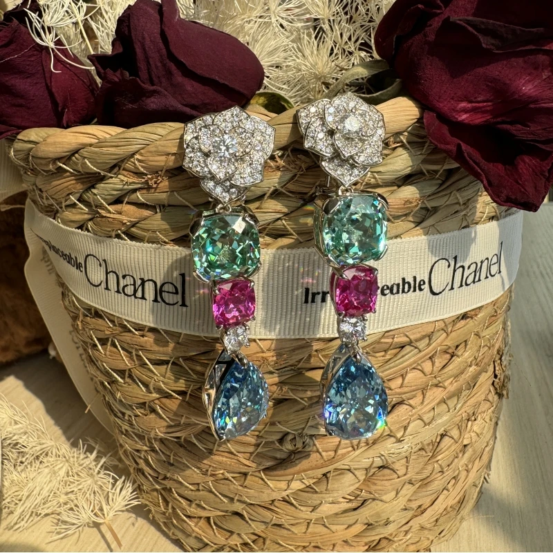 Bellux Fine Jewelry S925 Sterling Silver Flower Luxury Colorful Diamonds Monet Garden Paraiba Earrings for Women