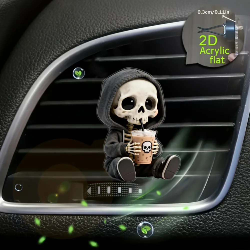 2D Flat Acrylic Halloween Skeleton Embracing Milk Tea Car Aroma Diffuser Stone Car Air Outlet Decoration Car Interior Accessory