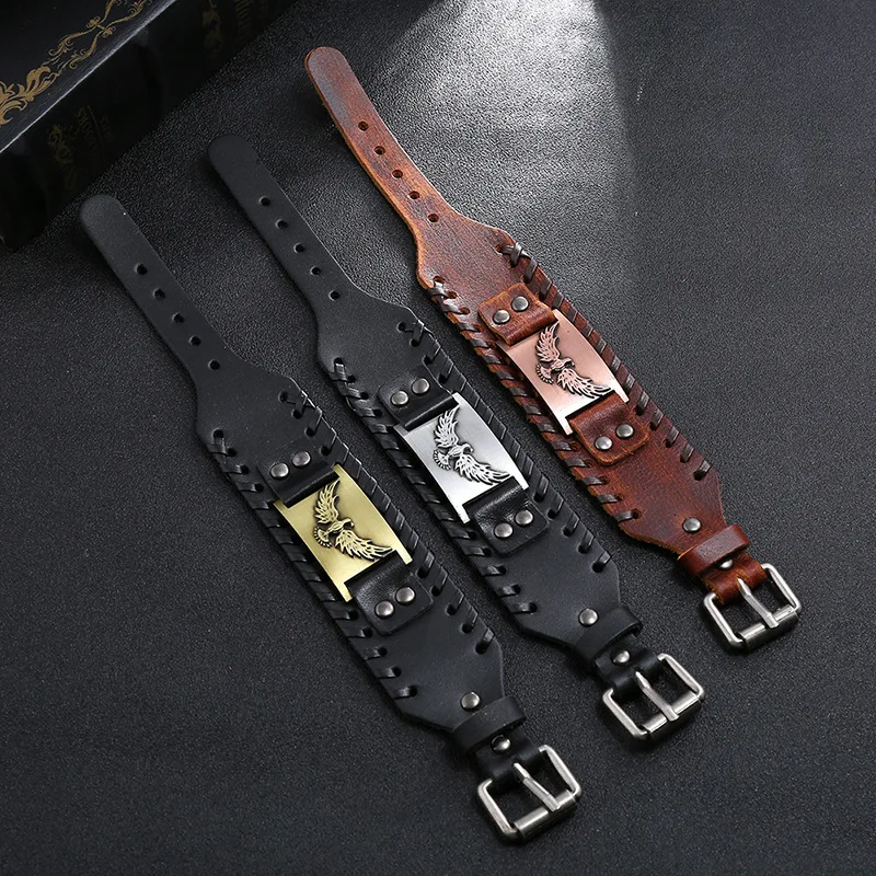 New Retro Wide Leather Nordic Rune of Odi Bracelet Men's Bracelet Eagle Pattern Celtic Viking Jewelry Bracelet Party Gifts