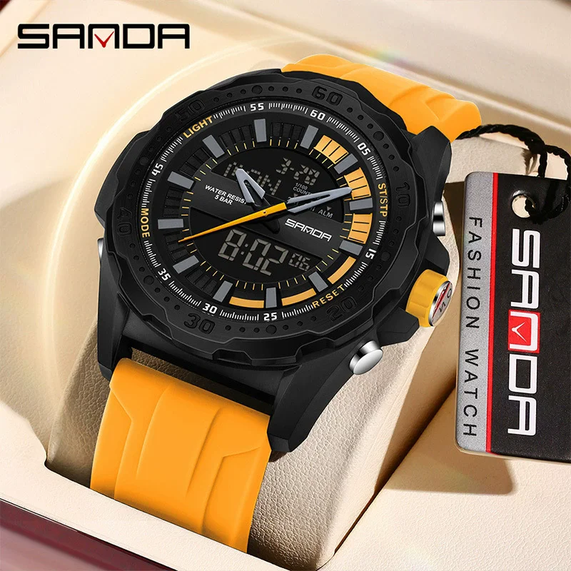 SANDA 3373 Reloj deportivo electrónico de cuarzo para hombre con pantalla Dual luminoso a prueba de golpes resistente al agua calendario relojes digitales para hombre