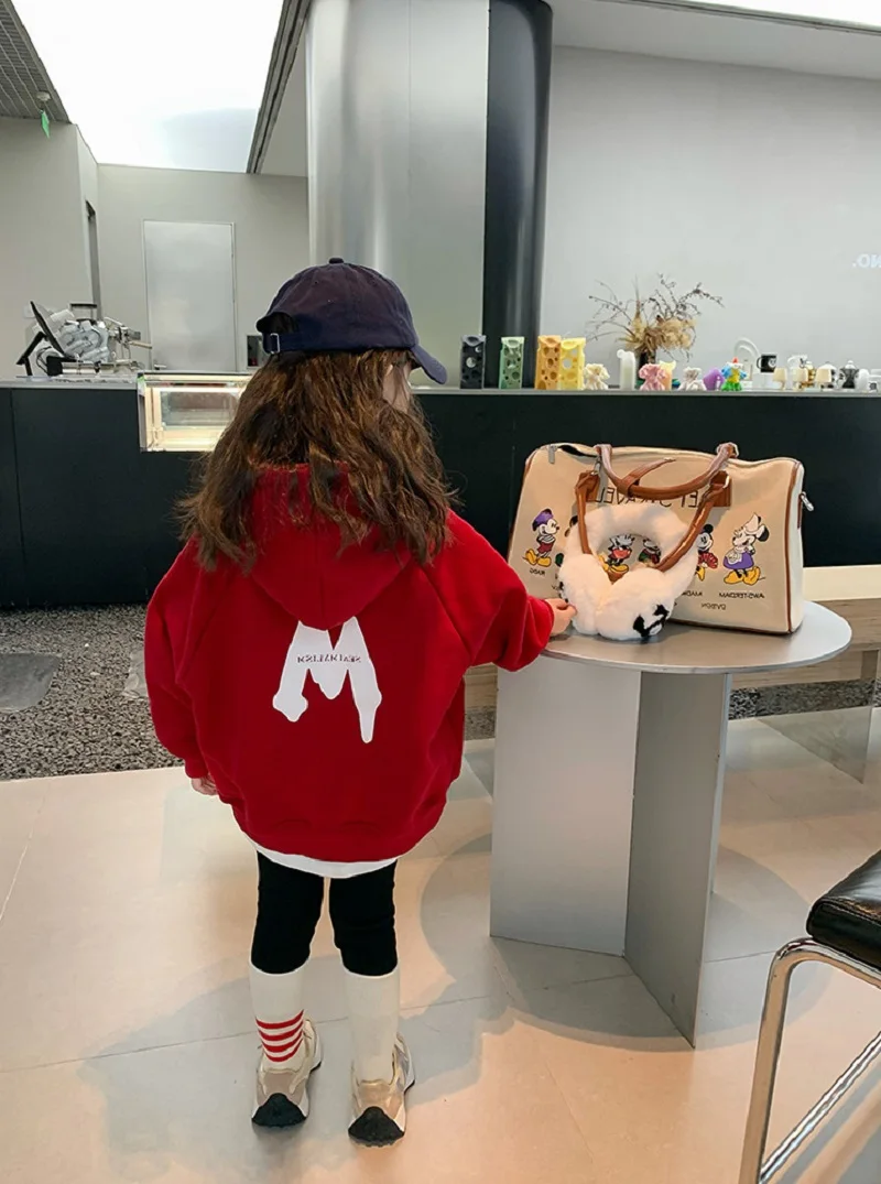 Winter Warm Baby and Girls Red Loose Alphabet Fleece Lined Sweatshirt Kids Hoodie Coat Tops Child Outfit Pullover Jumper 2-8 Yrs