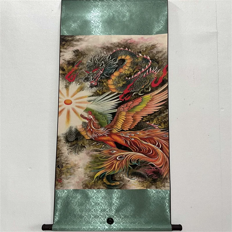 china-old-scroll-wall-hanging-rice-paper-painting-liu-jilu's-dragon-phoenix-auspicious-picture