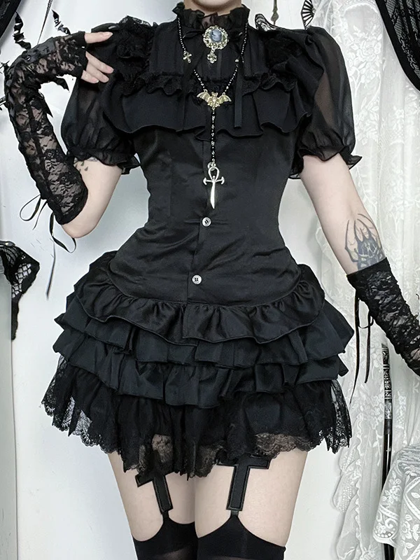 Gothic Style Casual Black Lace Short Sleeves Single-breasted Shirt Set Japanese Hot Girl Y2K Subculture Puffy Short Skirt Female