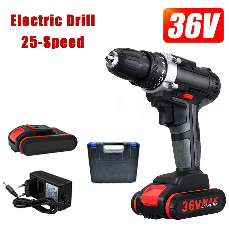 

36V 25-Speed Electric Cordless Drill Double-Speed Adjustment LED Worklight Drill Screwdriver Wood Drilling Wireless Power Tool