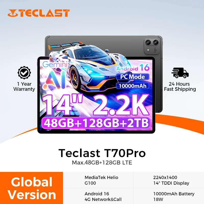 Teclast T70 Pro 14" 2.2K TDDI MTK Helio G100 CPU 8GB RAM+40GB Expansion+128GB ROM 10000mAh 18W 4G LTE Android 16 Tablets PC