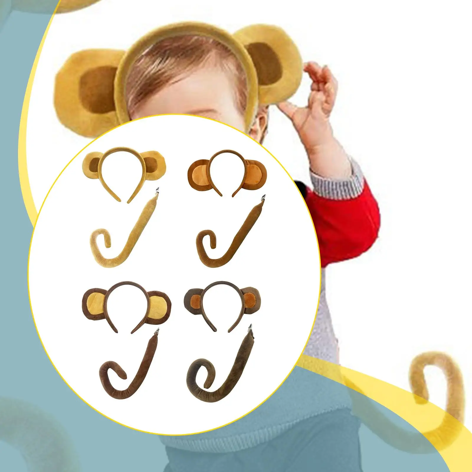 Lovely Monkey Ears and Tail Headband Set for Children Adults Cosplay Carnival Halloween Costume Accessory