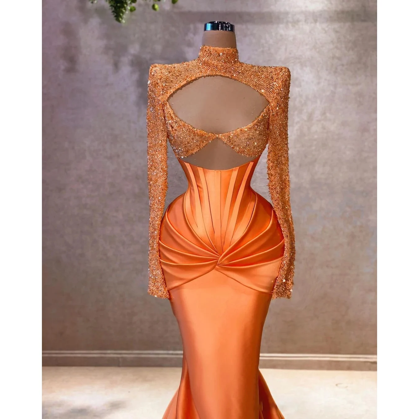 KSDN Orange Chic Prom Dress Sequined Pleat Long Sleeve High-Neck Floor Length Sweep Train Satin Sexy Evening Gown Luxury Dresses