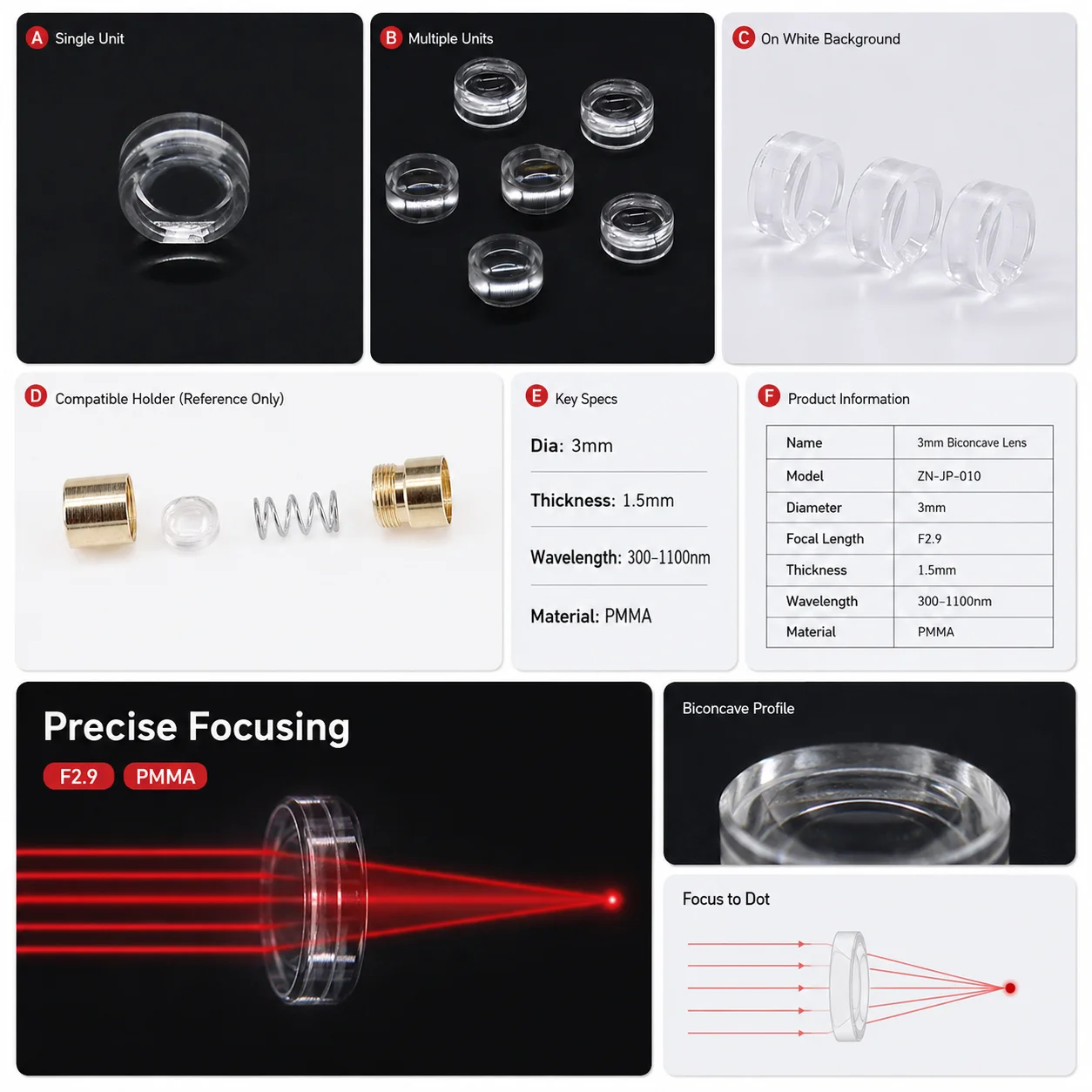 ZhonNa 3mm F2.9 Optical Focusing Laser Lens Biconcave Plastic Lens 1.5mm Thickness Focus Dot Module Optical Instrument Lens Tool