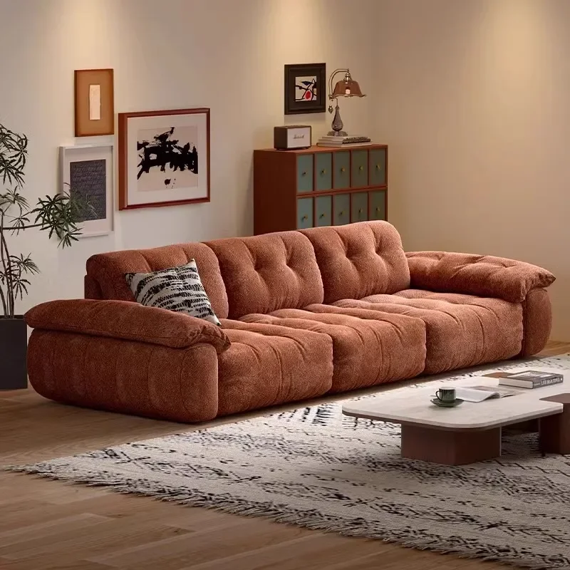 for Italian Marshmallow Fabric Sofa Living Room Adjustable High Backrest Large Sitting Dark Caramel Straight Chenille Sofa