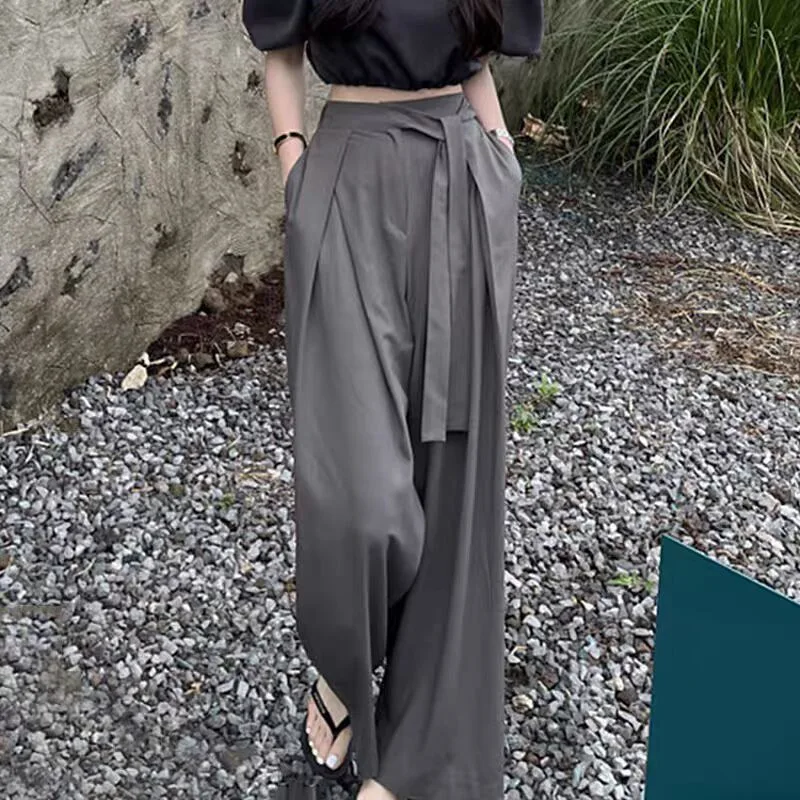 Korean Chic All-Match High Waist Pleat Asymmetric Bandage Design Drape Wide Leg Floor-Length Pants Women's Trousers