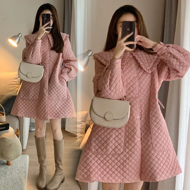 New Year Pregnant Women's Large Size Coats Loose Design Doll Collar Cotton Jacket Sweet Maternity Pink Plaid Jackets A-line Coat