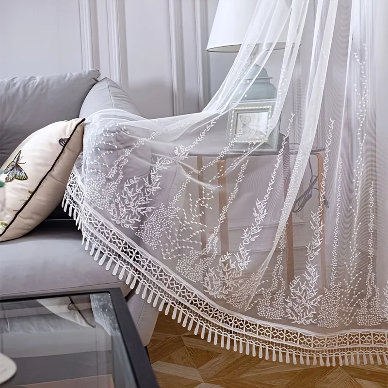 

Nordic Bedroom Window Screen Tulle Curtains with Bottom Tassel, White Embroidery Transparent filters Drape For Living Room Decor