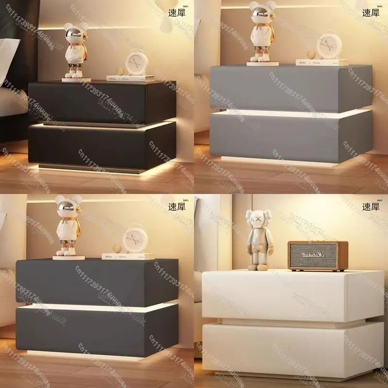 Modern Solid Wood Nightstand with 2 Drawers Faux Leather Bedside Table Sensor Light Bedroom Storage Cabinet Creative Design