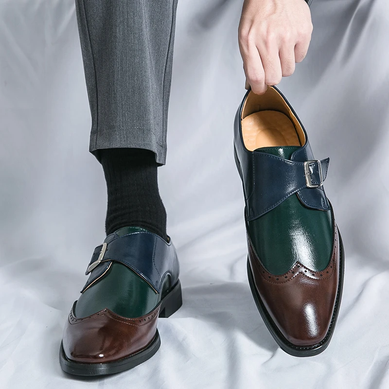 

Мужские лоферы с одной пряжкой и цветными блоками, деловая повседневная кожаная обувь в британском стиле на низком каблуке для джентльменов