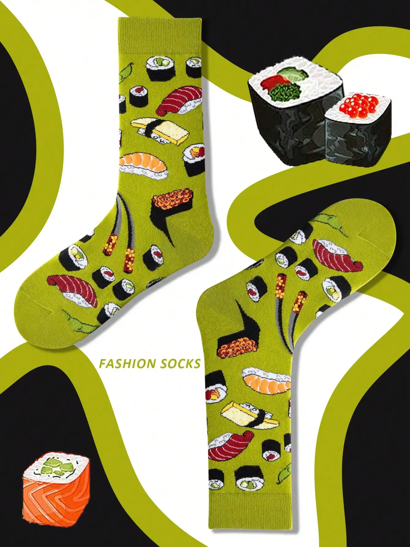 1 pair of men's mid-calf socks sushi jacquard green cartoon stockings spring, autumn and winter literary leisure socks