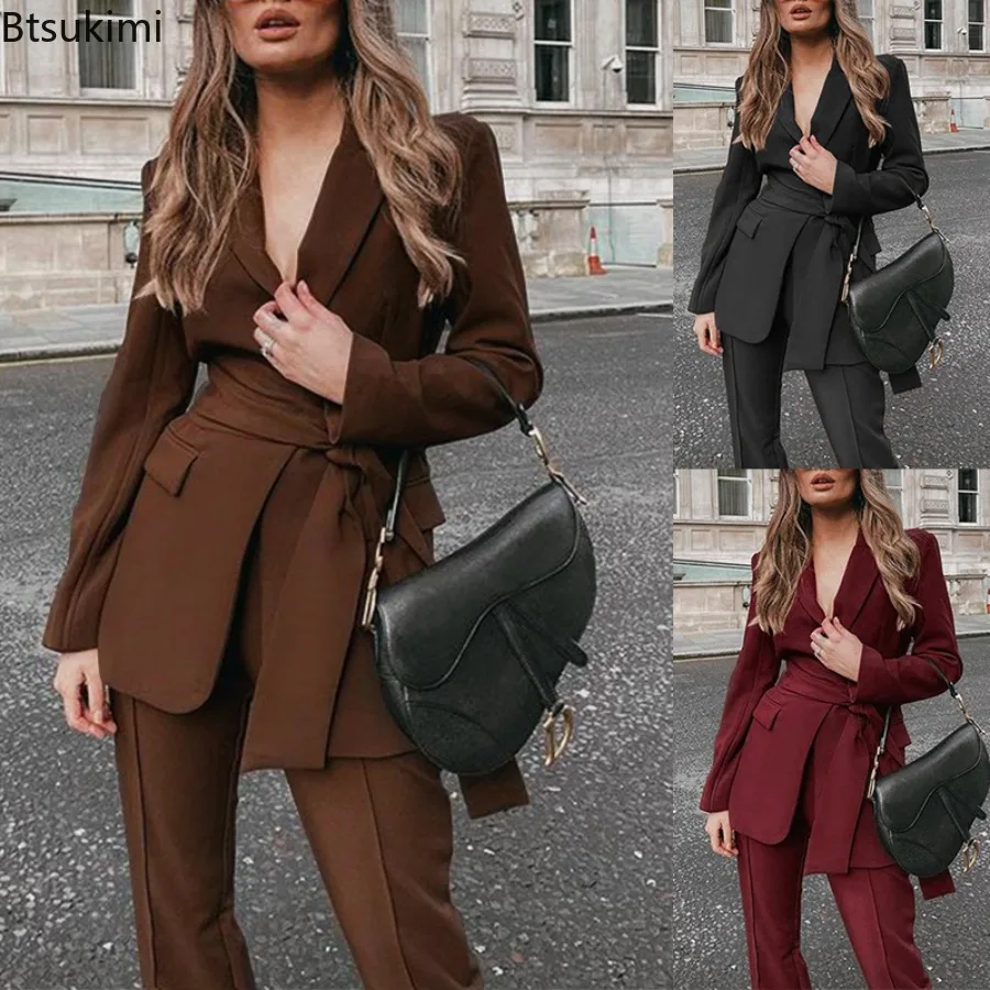 

Autumn Office Lady Casual Solid Long Sleeve Lapel Lace Up Blazer Top and Loose Straight Pants Two Piece Set Women Streetwear