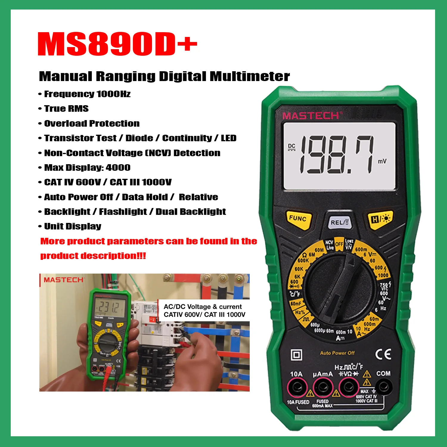 MASTECH MS890A MS890B MS890C + MS890D + multímetro Digital de rango Manual, detección de voltaje sin contacto de frecuencia de valores eficaces verdaderos (NCV).