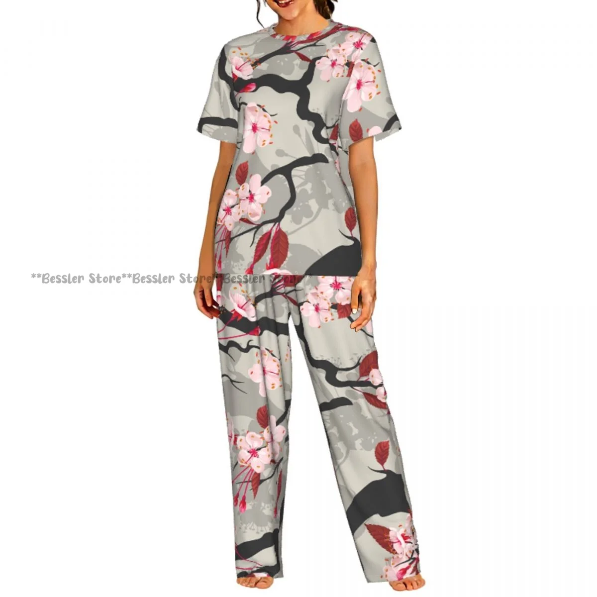 

Женский пижамный комплект с узором в виде цветущей сакуры, короткий рукав, 2 предмета, домашняя одежда, одежда для отдыха