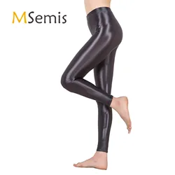 Women Gym Yoga Dance Running Cycling Sports Pants Pure Color Shiny Metallic Stretchy Leggings Pants