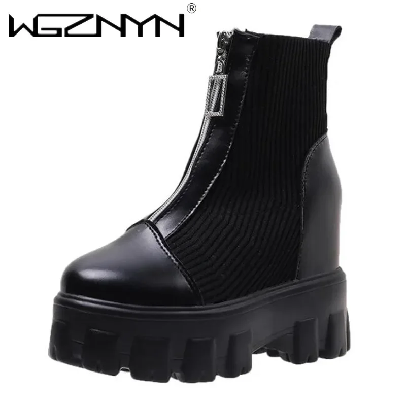 2025 New Winter Ankle Boots Women Quality Platform Sneakers Female Fashion Short Boot Black 11cm High Heel Zip Women Sock Shoes