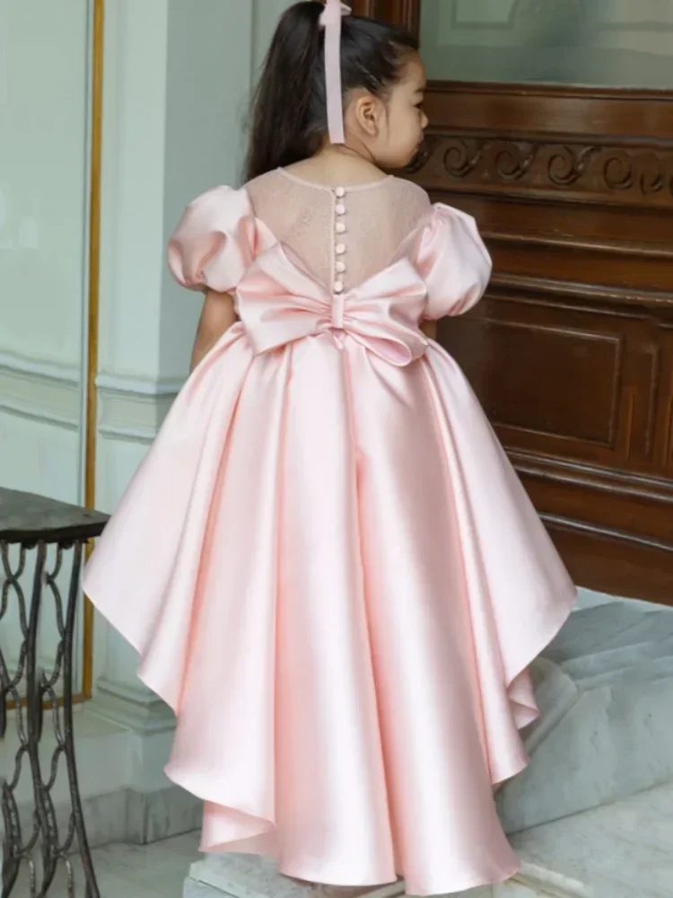 Birthday Banquet Princess Gowns Flower Girl Dresses Pink Satin Tulle Appliques With Bow And Trailing Short Sleeve For Wedding