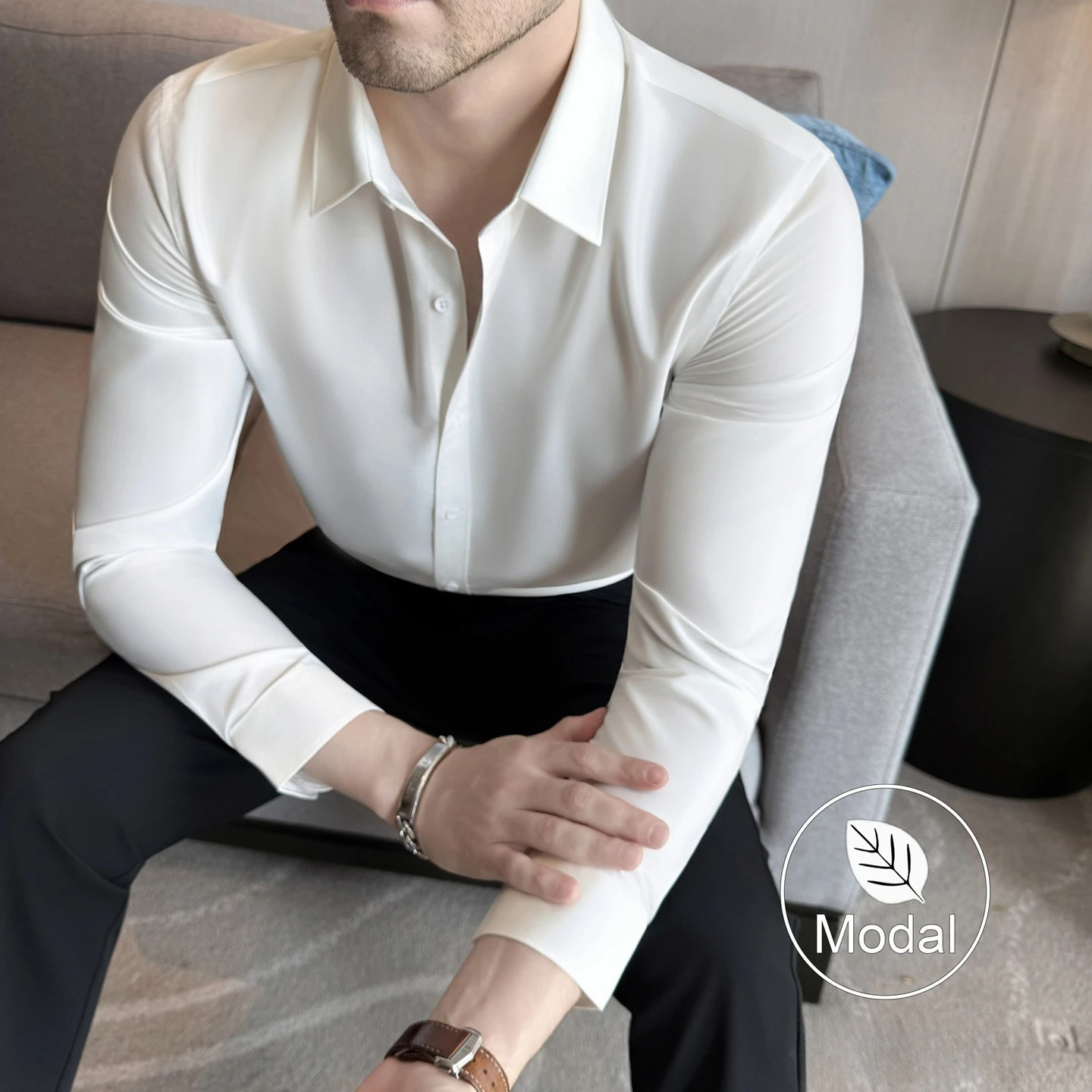 

Men's Slim Fit Long Sleeve Dress Shirt - Black Modal Cotton (White/Pink/Blue) M-8XL | Business Casual | Soft Breathable Fabric